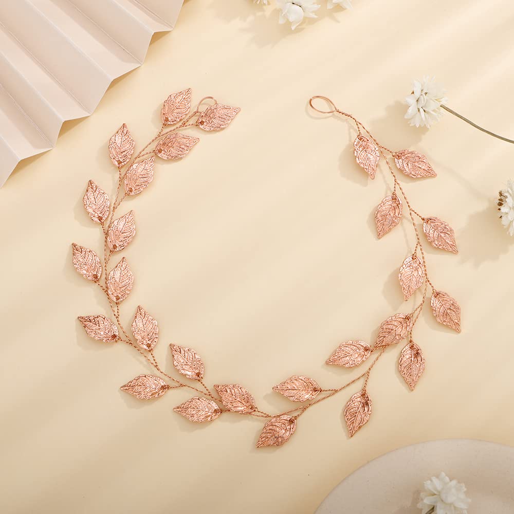 Teyglen Wedding Bridal Leaf Hair Vine Boho Headpiece Rose Gold Leaves Headband Wedding Hair Pieces Hair Accessories for Women Bride Grils (Rose Gold)