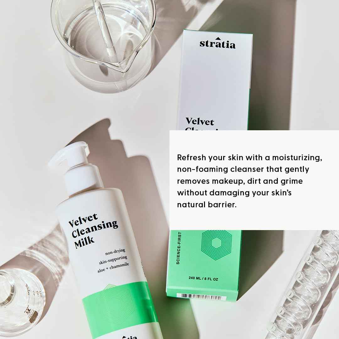 Stratia Velvet Cleansing Milk - Gentle Cream Face Cleanser, Moisturizing & Non-Foaming with Chamomile, Olive Oil & Aloe Vera, 8 Fl Oz