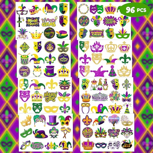 96 PCS Holiday Fat Tuesday Temporary Tattoos Birthday Theme Party Supplies Decorations Favors Decor Cute Mask Crown Tattoo Stickers for Class School Prizes Gift for Kids Boys Girls Carnival Holiday