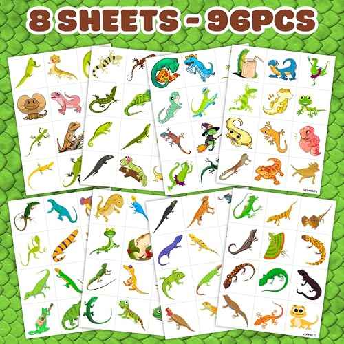 96PCS Lizard Pre-Cut Temporary Tattoos Themed Birthday Party Supplies Favors Decorations Cute Reptile Swamp Safari Animal Stickers Funny for Kids Girls Boys Teens School Classroom Rewards Gifts Ideal
