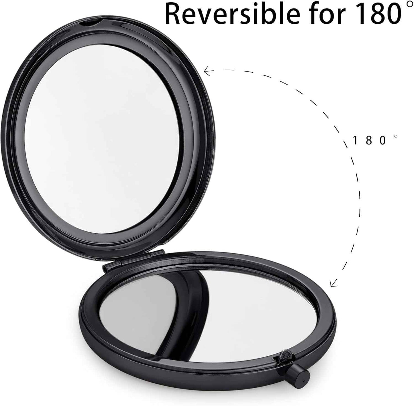 MLLXX Compact Mirror for Purse, Metal Round Shell, Double-Sided 1X/2X Magnifying, Portable Travel Makeup Mirror, Mini Pocket Mirror, Black，4 Packs
