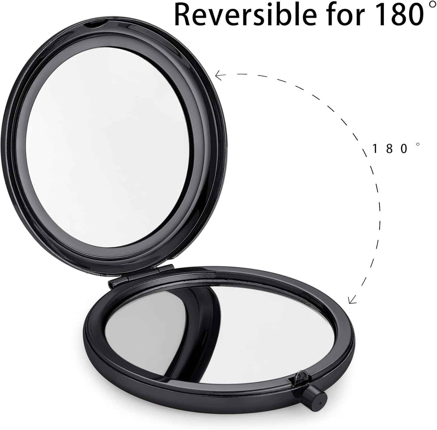 MLLXX Compact Mirror for Purse, Metal Round Shell, Double-Sided 1X/2X Magnifying, Portable Travel Makeup Mirror, Mini Pocket Mirror, Black，4 Packs
