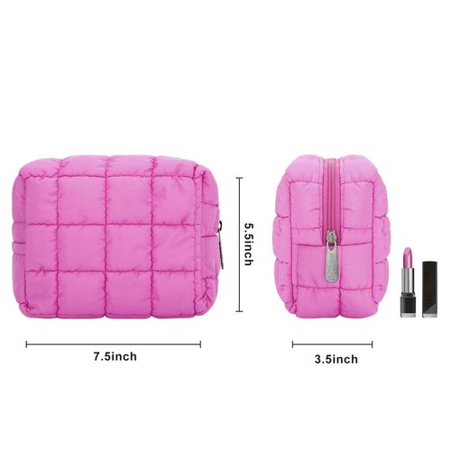E-Tree Cute Makeup Bag,Quilted Cosmetic Bag,Make up Pouch for Purse,Toiletry Zipper Pouch,Checkered Bag,Travel Case,Storage Pouches for Organization (Hot Pink)