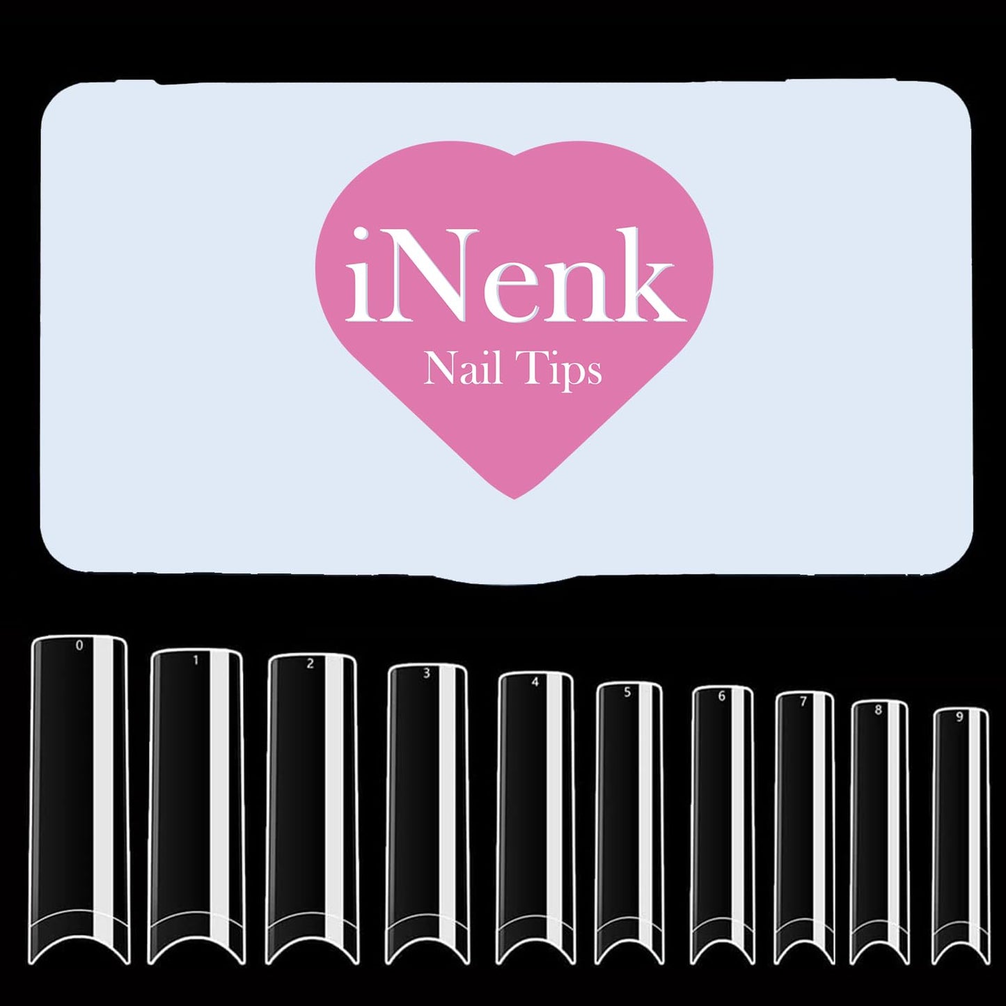 INENK Flattened No C Curve XXL Square Nail Tips, Clear Half Cover Tapered Square Straight Nail Tips Flat for Acrylic Nails Salons and DIY with a Box(500Pcs 10Sizes)