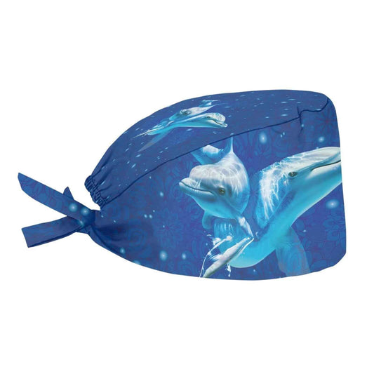 Biyejit Starry Dolphins Working Cap Scrub Cap with Sweatband, Adjustable Scrub Caps for Women Men, One Size