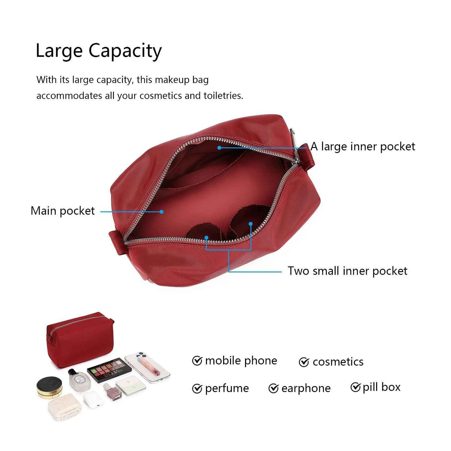 YONBEN Organizer Bag Lightweight Cosmetic Bag with Ring Clasp Perfect Travel Makeup Bag for Women nylon Stand Up Design (Burgundy Red/Nylon)