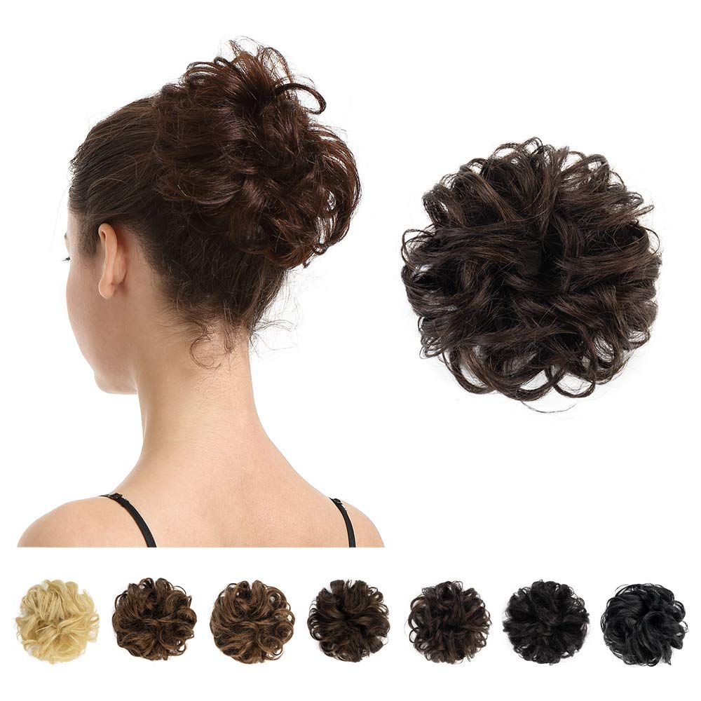 BARSDAR 100% Human Hair Bun, Brown Hair Messy Bun Extensions Human Hair Rose Bun Hair Piece Curly Hair Bun Hairpieces for Women Girls Real Hair Bun Natural Updo Tousled Chignons Daily (Dark brown)