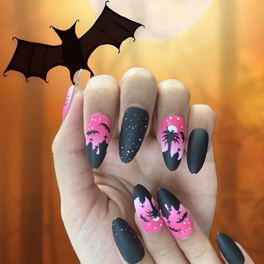 Outyua Stiletto Halloween Long Press on Nails with Design Horror Acrylic Fake Nails Ballerina False Nails Designer Full Cover Nails 24Pcs for Women and Girls (Pink Tree)