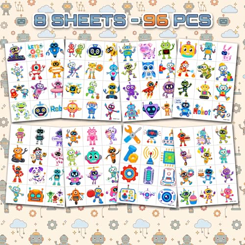 96 PCS Robot Temporary Tattoos for Kids - Waterproof Party Favors