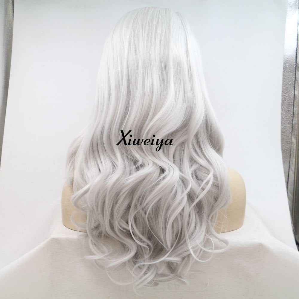 Xiweiya Wigs Silver Synthetic Lace Front Wig Platinum Grey Color Hair Heat Resistant Fiber Hair Side Part Body Wave Silver White Synthetic Lace Front Wigs for Women Makeup Cosplay Party Wig