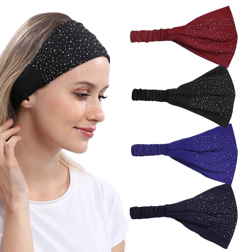 DINPREY Rhinestone Dots Wide Bandana Headband - Women's Twisted Solid Diamond Workout, Yoga & Makeup Head Wrap (4 Pcs)