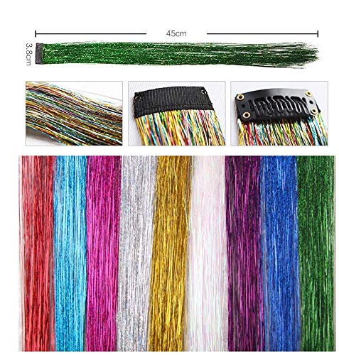 LiaSun 10Pcs/set Highlight Glitter Tinsel Hair Extensions Clip In - Colored Party Sparkling & Shiny Hair Extensions - Multi-Colors Hair Streak Bling Hairpieces (Multicolor)