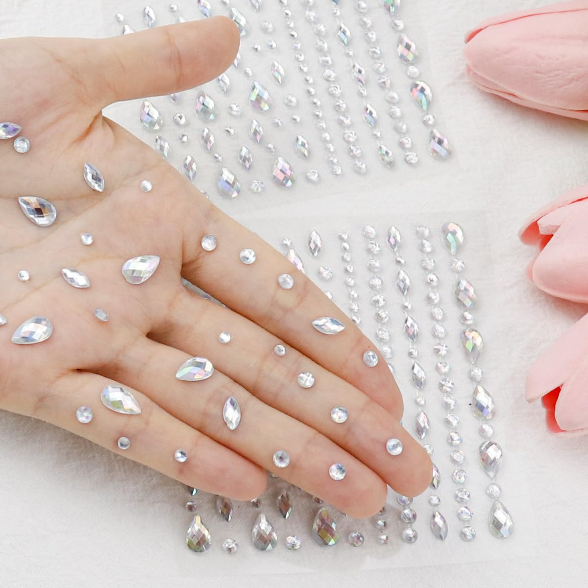 2PCS Face Gems Eye Jewels Stickers Self Adhesive Clear Rhinestones Gems Crystals Pearls Decal Rhinestone for Makeup Hair Body Stick Gems for Women Festival Accessory and Nail Art Decoration