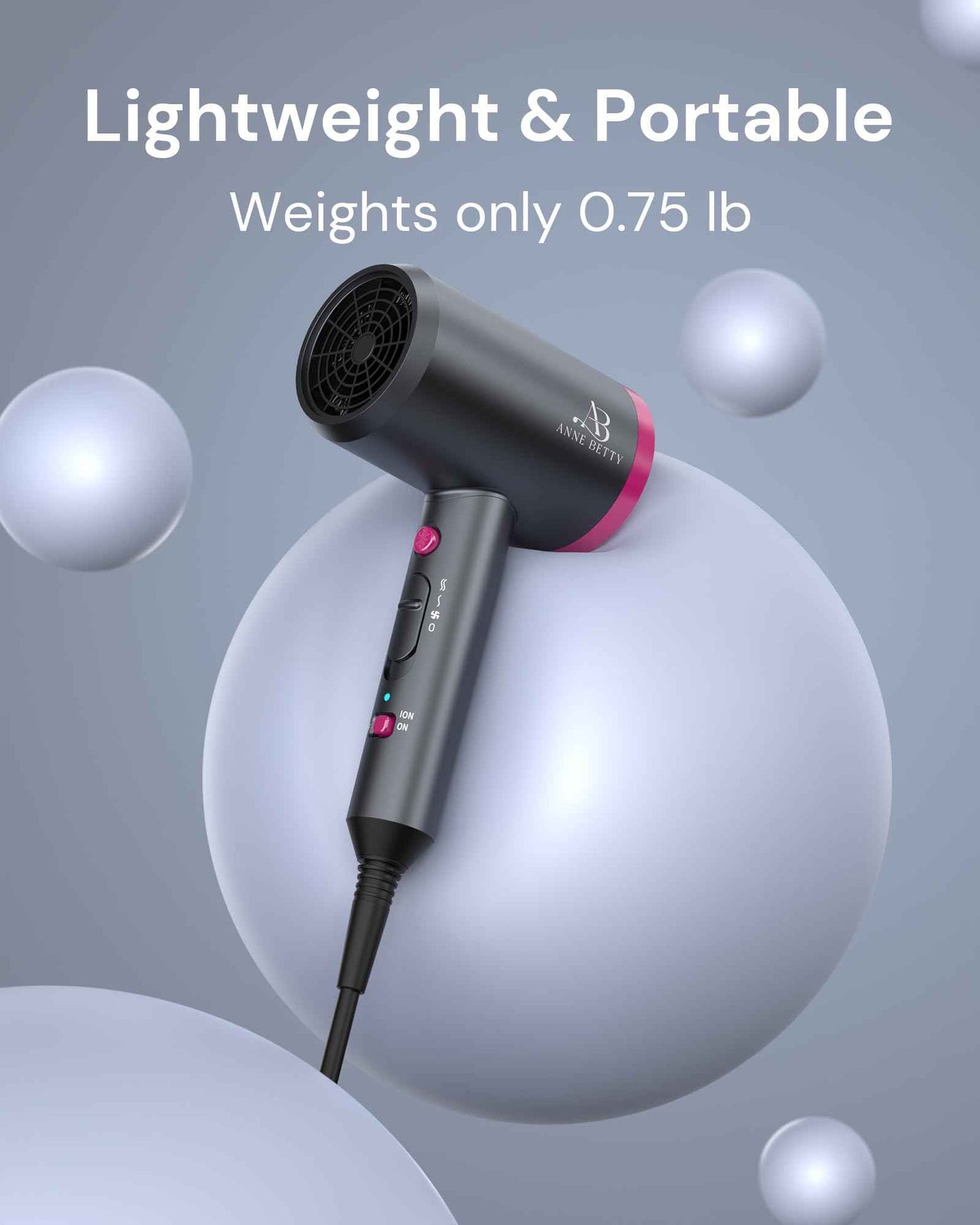 ANNE BETTY Hair Dryer with Diffuser for Curly Hair, 1800W Ionic Blow Dryer for Women & Men, Fast-Drying, Lightweight, Low Noise, Hair Care Styling Tool for Home, Travel