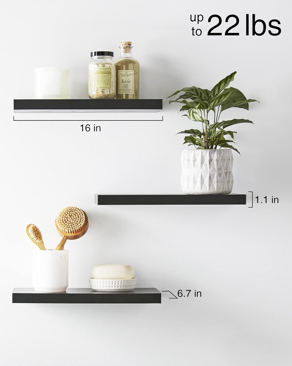 BAYKA Floating Shelves for Wall, Wall Mounted Rustic Wood Shelves for Bathroom, Bedroom, Living Room, Kitchen, Hanging Shelf for Books/Storage/Room Decor with 22lbs Capacity (Black, Set of 3, 16in)