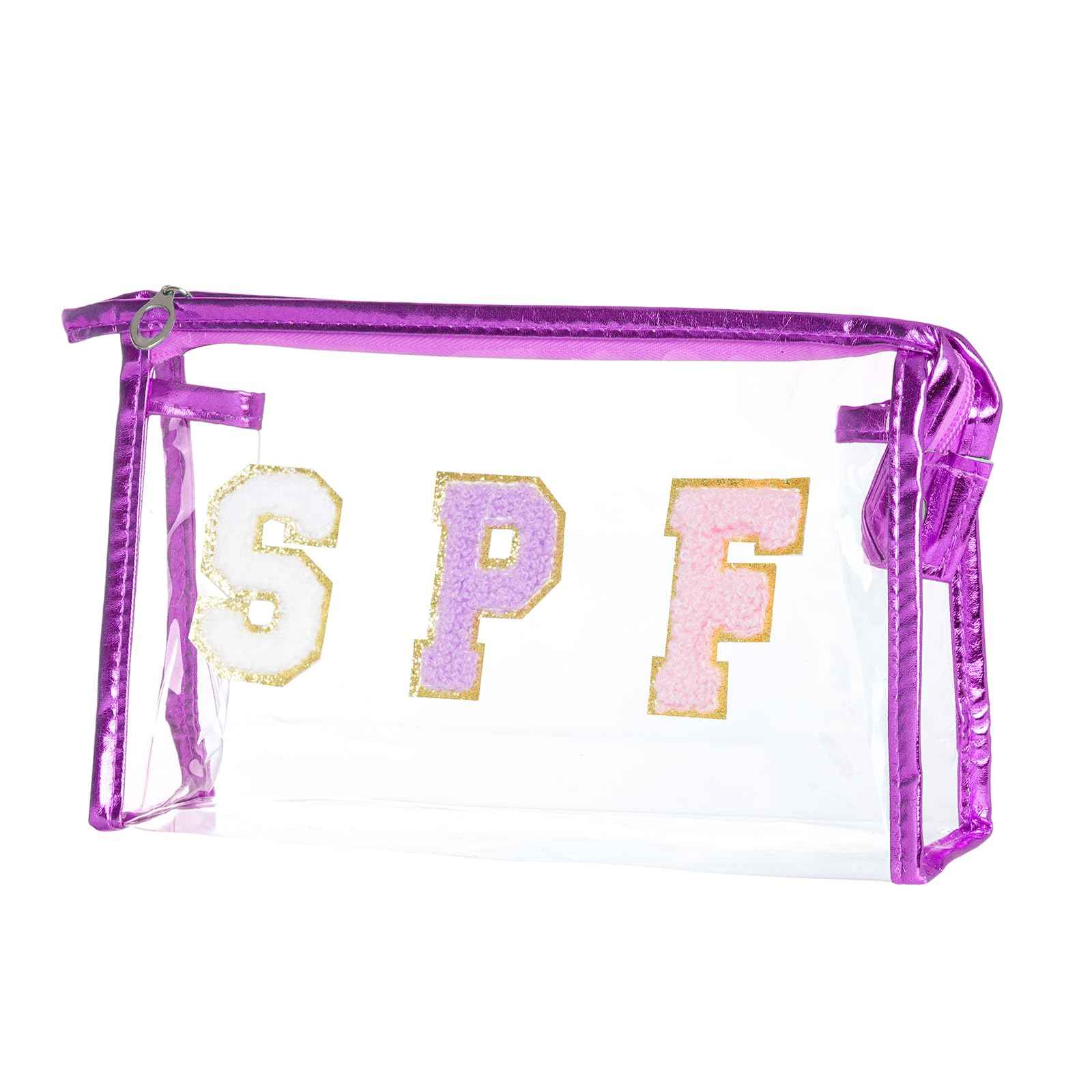Hmxpls Clear Preppy Patch Makeup Bag, SPF Chenille Letter Bag for Beach, Clear Pouch with Zipper, Preppy Travel Bags Cosmetic Toiletry Bag for Women Girls Teens (Purple)