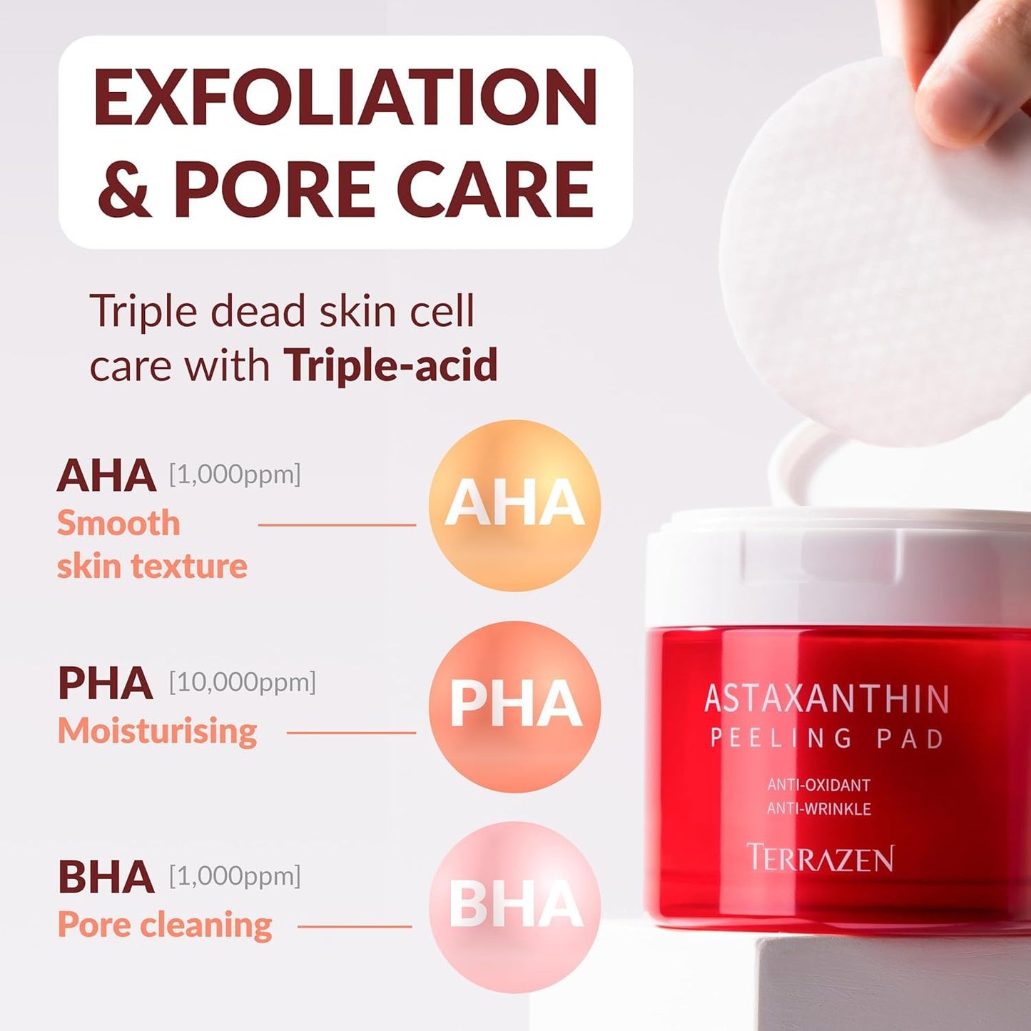 Terrazen Korean Face Pads Peeling Astaxanthin Anti-Oxidant Anti-Wrinkle Soothing Exfoliating Korean Skincare Even Radiant Skin Firming Dead Skin Cells Removal Unclog Pores, 60 pcs