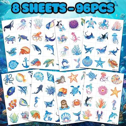 96 PCS Ocean Sea Animal Shark Whale Fish Pre-Cut Temporary Tattoos for Kids | Super Cute Themed Birthday Party Favors, Supplies, Decorations, Fake Tattoo Stickers (Multiple)