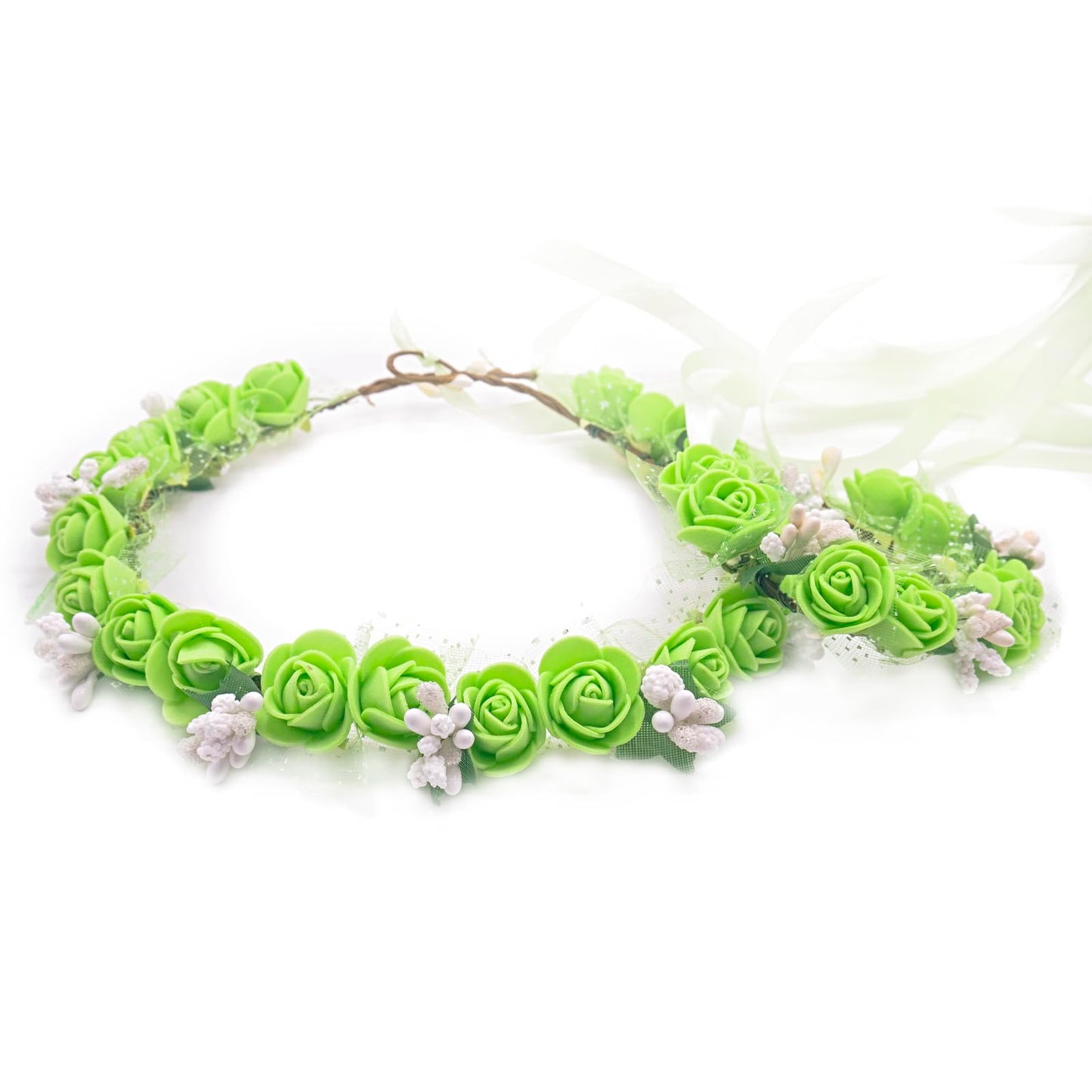 silllule Green Flower Crown Headband Wristband Floral Headpiece for Cosplay Party Spring Flower Crown Headwear Floral Hair Wreath Wristband Boho Headband Garland for Festival Wedding Photo Props