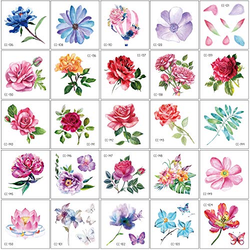 Konsait 50Sheet Flower Temporary Tattoos for Women Teens Girls, Tiny Temporary Tattoo Adult Waterproof Body Art Sticker Hand Neck Wrist, include Flower Butterfly Leaf Lotus Cherry Blossoms Tattoo