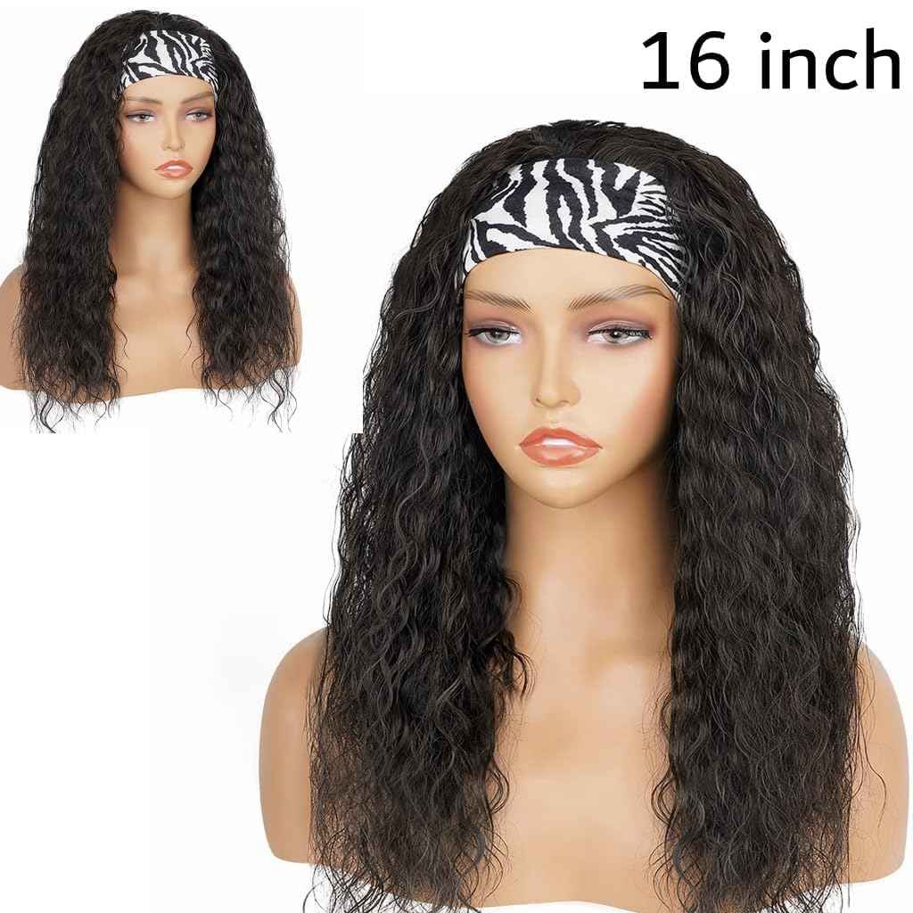 Emistar Curly Headband Wigs for Black Women Wet and Wavy Afro Headband Wig Water Wave Blend Human Hair & Synthetic Hair Ready to Go Glueless Half Wigs 180% Density (#1B, 8 Inch)