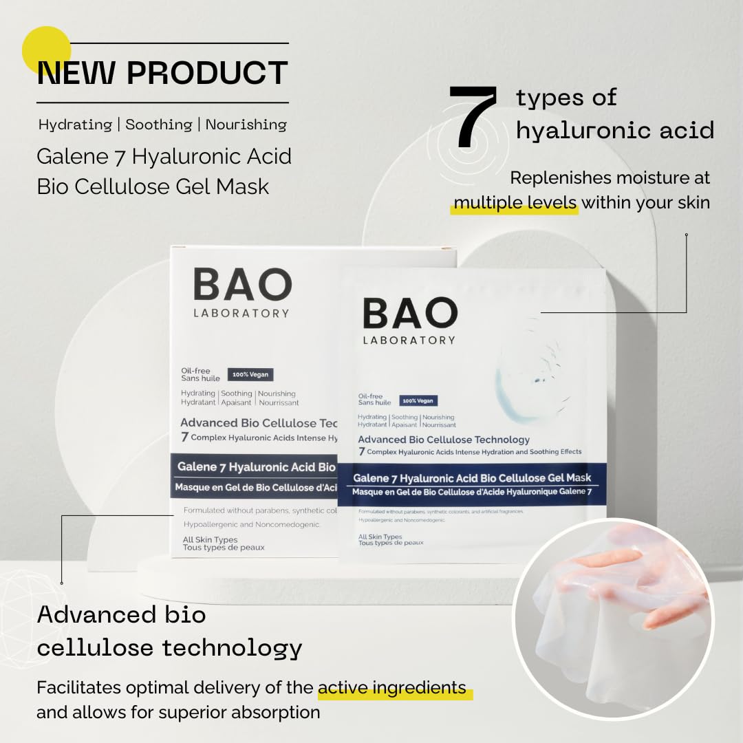 BAO Laboratory Galene 7 Hyaluronic Acid Bio Cellulose Gel Mask | Intense Hydration & Soothing Effects Gel Mask for Face | Skin Care Face Facial Mask | 100% Vegan, 330 g (6 pairs)