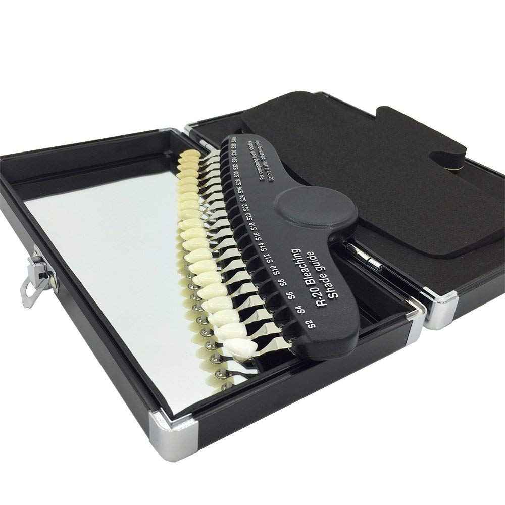 Professional 3D R-20 Teeth Whitening Shade Guide Dental 20 Colors Tooth Bleaching Shade Chart with Mirror Aluminum Case