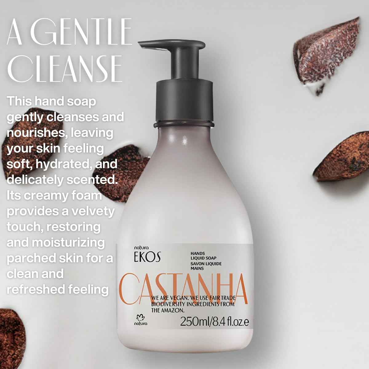 Natura -Brazil Nut (Castanha) Renourishing Liquid Hand Soap - Anti-Dryness - Coconut Derived Cleanser - Vegan Skin Care - Brazilian Beauty Secrets - Self Care & Body Care - 8.4 fl oz (250ml)