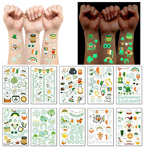 St Patricks Day Temporary Tattoos, 10 Sheets Glow Saint Patricks Day Accessories Decorations for Boys and Girls, Irish Shamrock Luminous Stickers