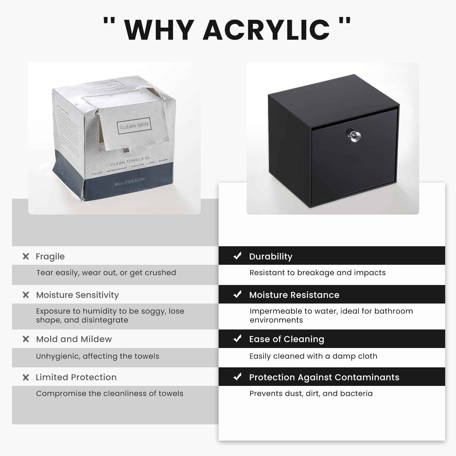 LANDNEOO Disposable Face Towel Container Box Compatible with Clean Skin Club Clean Towel XL, AcrylicTowel Storage Bin with Drawer, Makeup Organizer stackable holder, Ideal for Vanity, Bathroom, Black