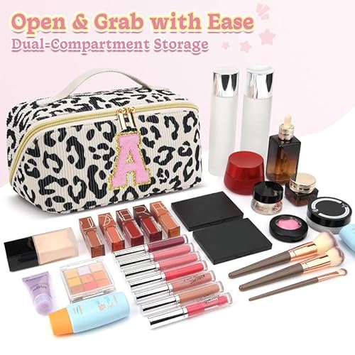 Personalized Travel Makeup Bag Set - Initial Graduation Gifts, Teacher Appreciation Gifts, Open-Flat Cosmetic Organizer with Brush Pockets, Travel Toiletry Bag for Women-Black Leopard T