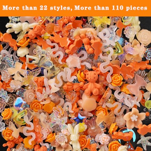 COOSLIM 110 Pieces 3D Bow Nail Charms for Acrylic Nails, Camellia Rose Flower Butterfly Bowknot Heart Bear Rabbit Star Bows Charms for Nail Art Designs DIY Accessories Craft(Orange)