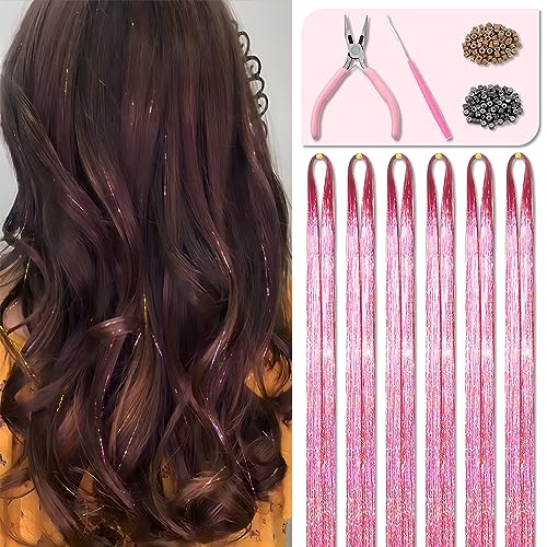 Pink Fairy Hair Tinsel Kit 48 Inches 1200 Strands with Tools and Instruction Easy to Install Glitter Tinsel Hair Extensions for Women and Girls，Shinny Sparkling Braiding Hair Accessories for Halloween Cosplay Party