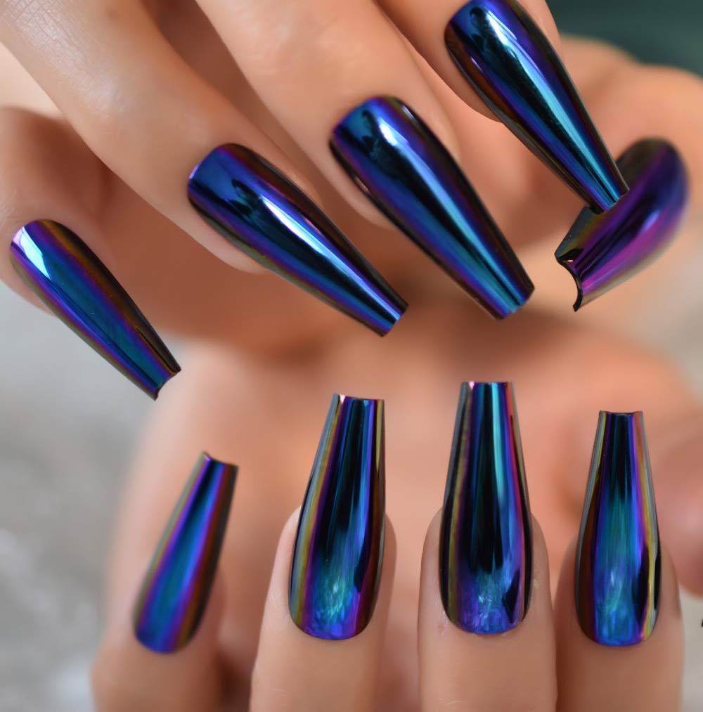 EchiQ Chrome Diamond Blue Press On Fingernails Coffin Metallic Mirror Holo Fake Nails Extra Long Ladies Designed Tips for Finger