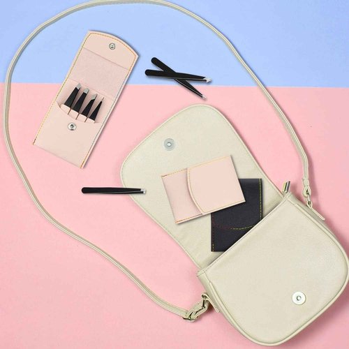 LuckyOpt 4pcs Precision Tweezers Set, 430 Stainless Steel Tweezers with PU Leather Storage Bag, Slant Flat Eye Brow Tweezers for Women Facial Hair, Eyelash Extension, Eyebrow Plucker (Pink)