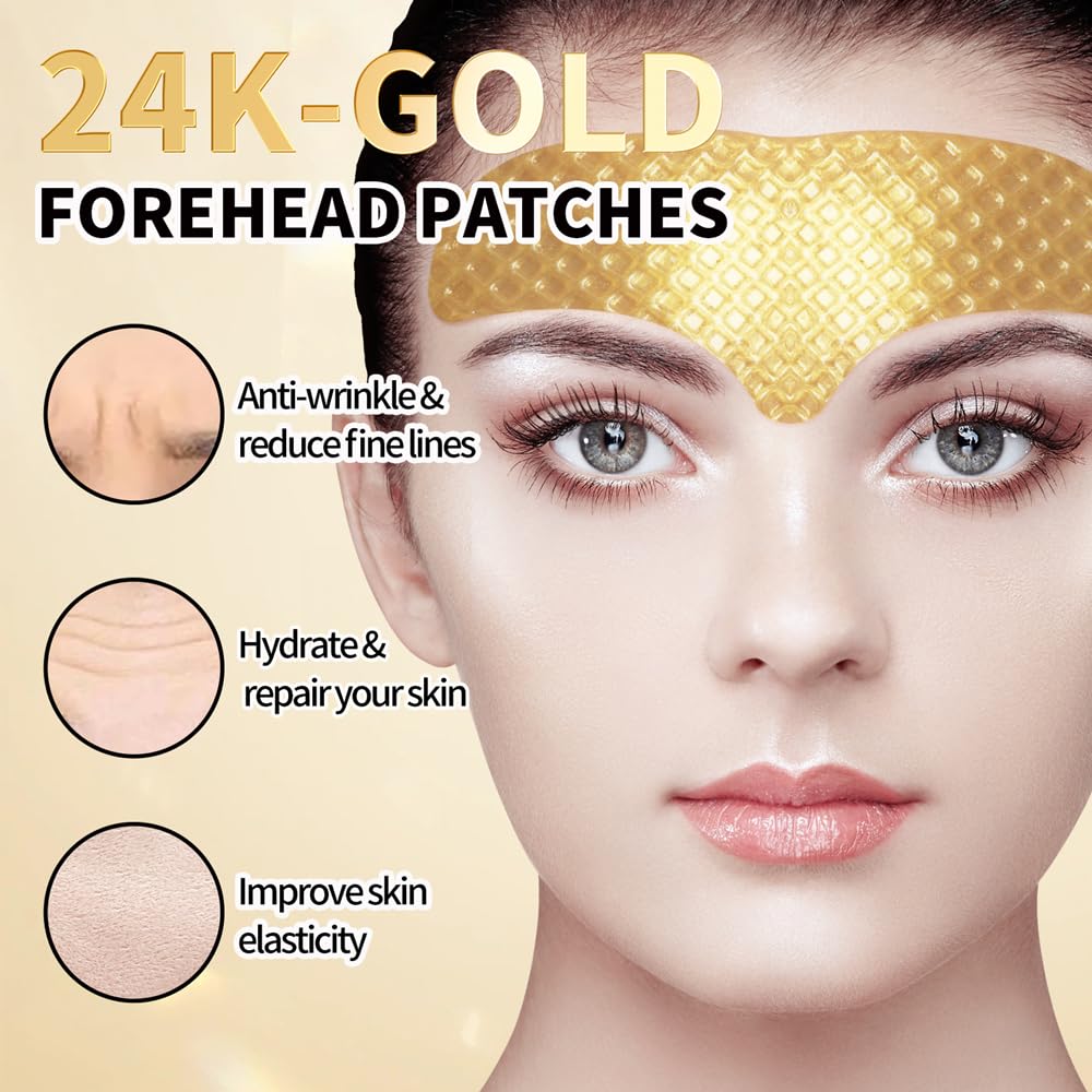 ROUSE 24K Gold Forehead Anti-Wrinkle Patch-15 PCS, Collagen Forehead Lines Mask Forehead Frown Wrinkles Pads T-Zone Patches Smooth Forehead Strips Moisturizing