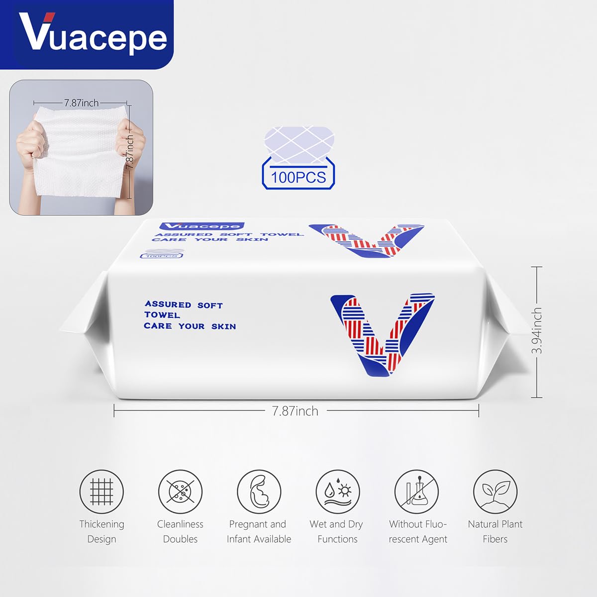 Vuacepe Face Towels Disposable Cotton Facial Clean Towels, 100 Count Biodegradable Soft Dry Facial Tissue, Face Drying Towels for Skin Care, Makeup Remover, Disposable Face Cloths for Washing Face