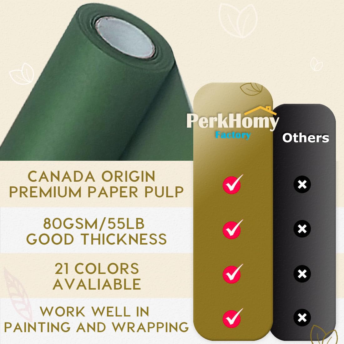 PerkHomy Dark Green Kraft Paper Roll 17.5" x 960" (80') for Gift Wrapping Bouquet Flower Kids Art Painting Craft Writing Packaging Shipping 80GSM 55LB (Dark Green, 17.5" x 80')