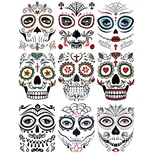 DaLin 9 Sheets Floral Day of the Dead Sugar Skull Temporary Face Tattoos for Halloween