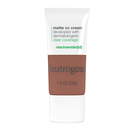 Neutrogena Clear Coverage Flawless Matte CC Cream, Full-Coverage Color Correcting Cream Face Makeup with Niacinamide (b3), Hypoallergenic, Oil Free & Fragrance Free, Warm Mocha, 1 oz