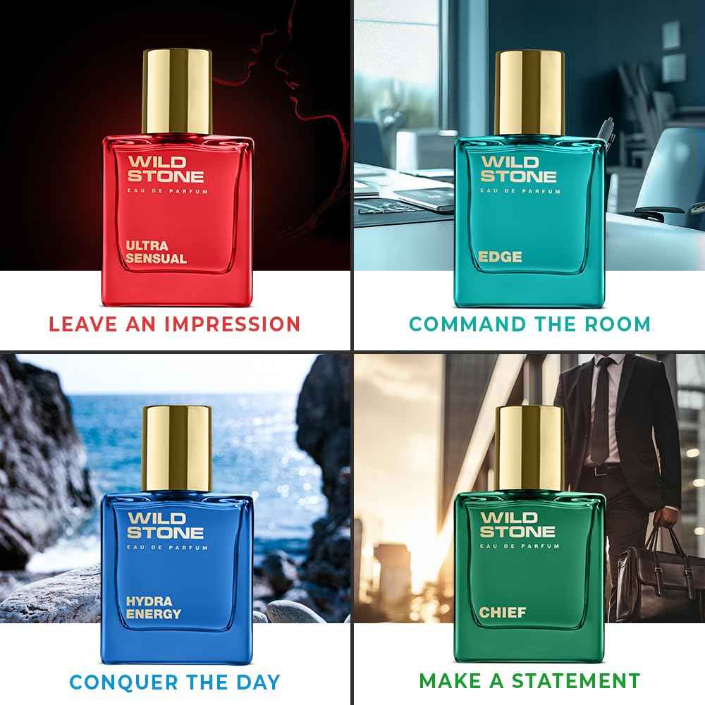 Wild Stone Men’s 4-Pack Eau de Parfum Gift Set (4 × 1 oz / 30 ml) — Edge, Ultra Sensual, Hydra Energy & Chief — Long-Lasting Masculine Fragrances