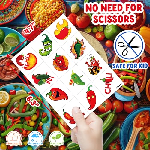 96 PCS Chili Peppers Pre-Cut Temporary Tattoos Birthday Party Decorations Favors Supplies Hot Spicy Mexican Cinco De Mayo Fiesta Chili Cook Off Blow Up Food Decor Stickers Gift School Prizes Rewards