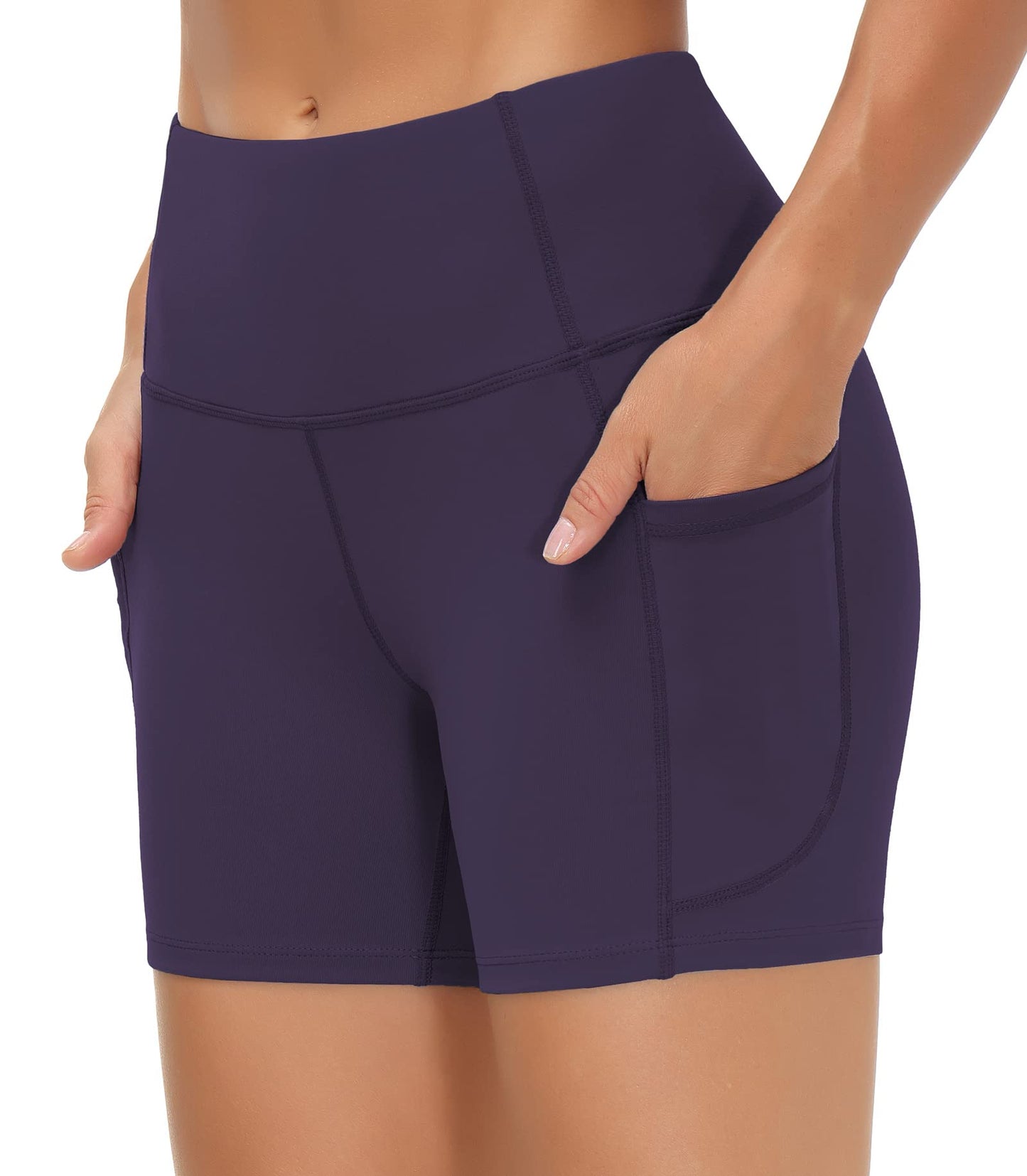 THE GYM PEOPLE High Waist Yoga Shorts for Women's Tummy Control Fitness Athletic Workout Running Shorts with Deep Pockets (Small, Purple)