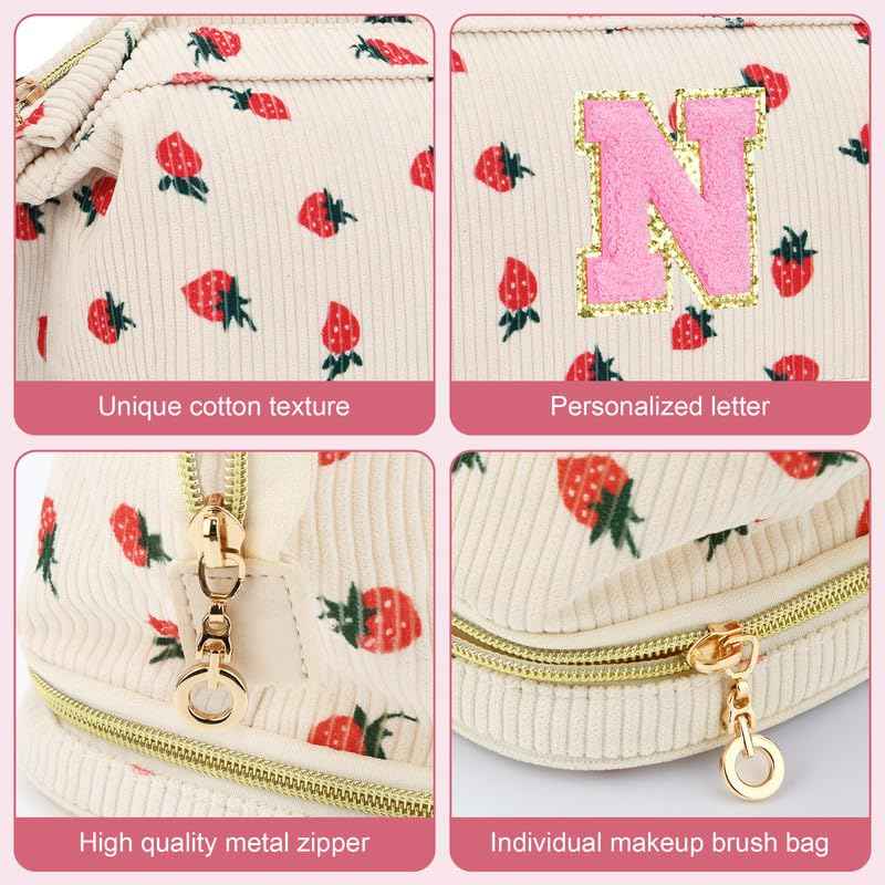 DTBG Personalized Initial Makeup Bag,Strawberry Quilted Makeup bag Christmas Gifts for Girls,Double Layer Travel cosmetic Bag with Make up Brush Organizer,Cute Travel Toiletry Pouch-M