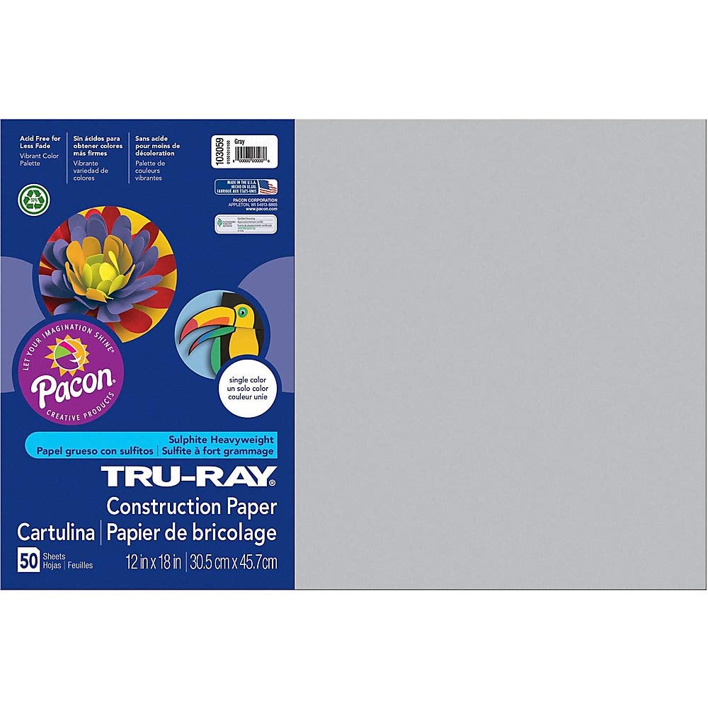 Pacon 103059 Tru-Ray Construction Paper, 76 lbs., 12 x 18, Gray, 50 Sheets/Pack