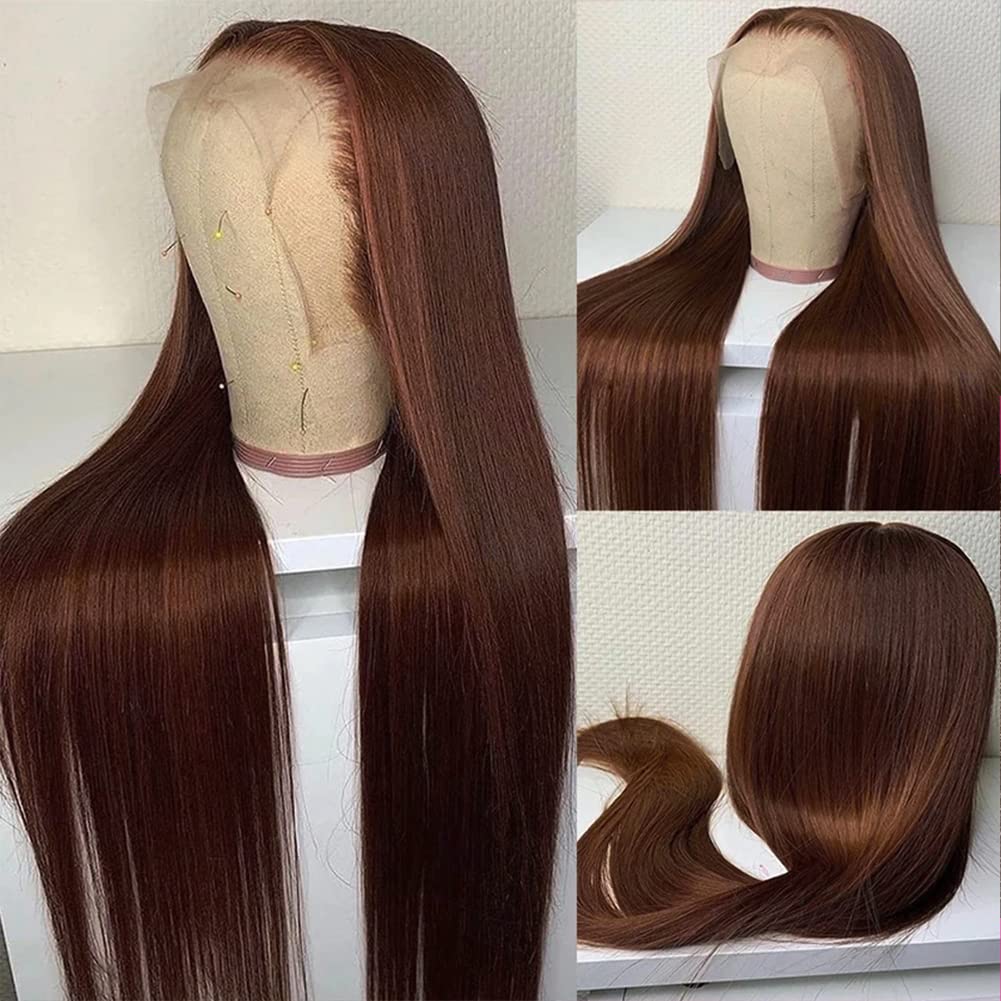 Hermosa 13x4 Chocolate Brown Lace Front Wigs Human Hair with Baby Hair 180 Density Straight Lace Frontal Human Hair Wigs Pre Plucked Hairline 4# Brown Wig 26 Inch