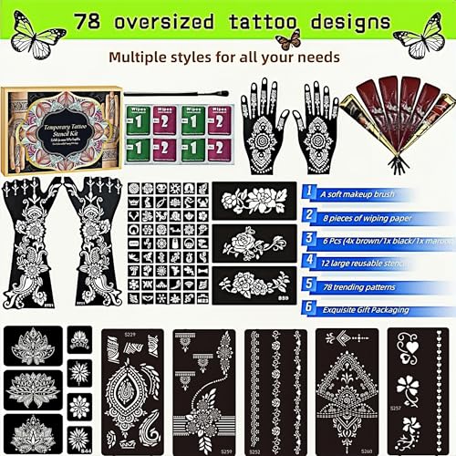Temporary Tattoo Stencils Kit - 12 Sheets, 78 Designs, 6 Cones