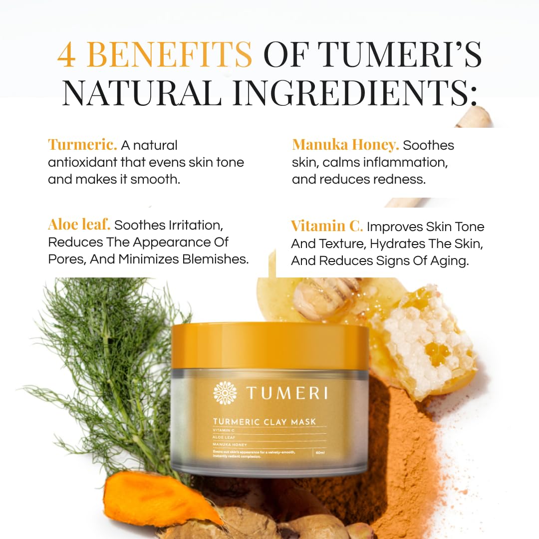 TUMERI Turmeric Clay Mask for Facial Skin Care – Turmeric with Vitamin C Clay Mask with Manuka Honey 2 oz – Facial Mask for Dark Spots, Scarring and Cleansing with Face Mask Brush Applicator & Towel