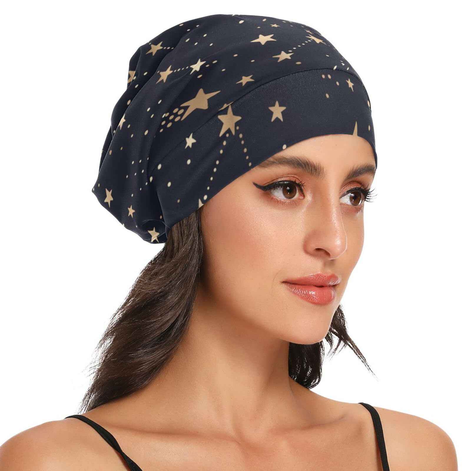 Satin Bonnet Hair Wrap for Sleeping Lined Beanie Sleep Cap for Curly Hair Women Men Gold Stars