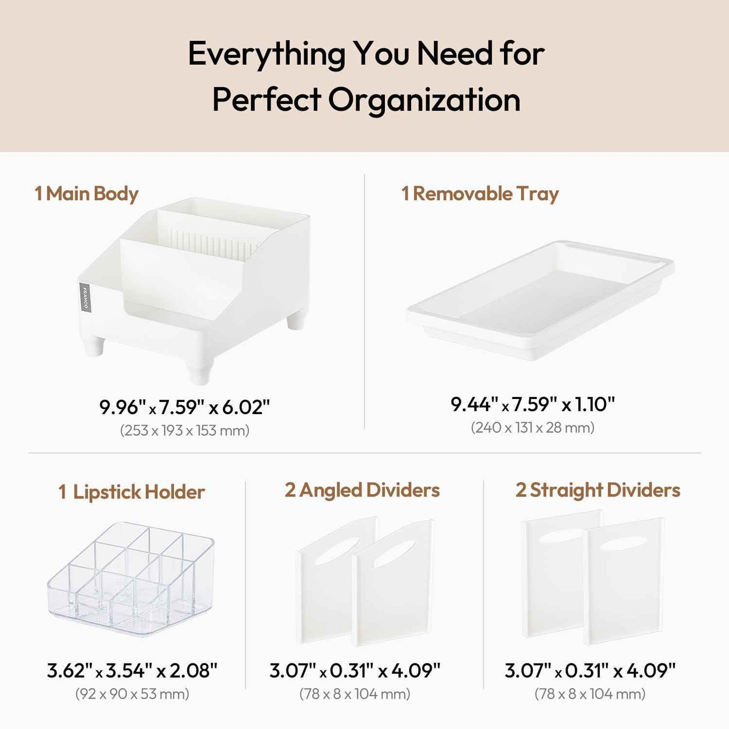 carrotez Make up Vanity Organizer Countertop Skincare Cosmetic, Accessories Organizers Customizable Compartments - White